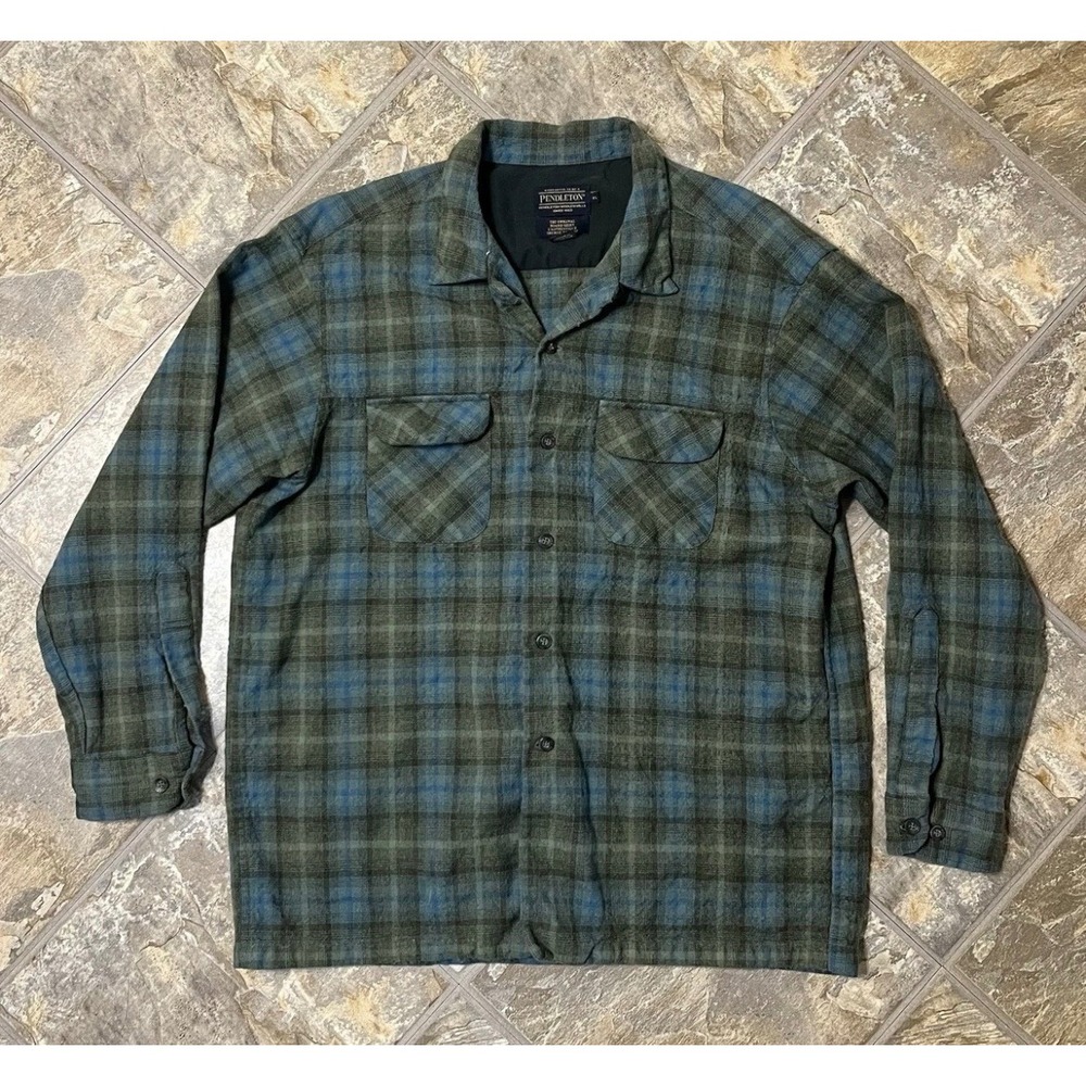 VTG Pendleton Board Shirt Mens XL Blue Green Plaid Wool Flannel Button Up